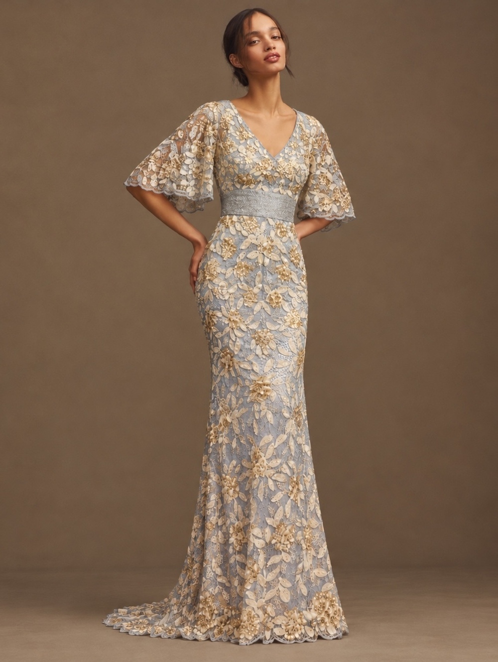 Mac Duggal Style 93787 Floral Beaded Sequin Evening Gown Silver Gold Size 2